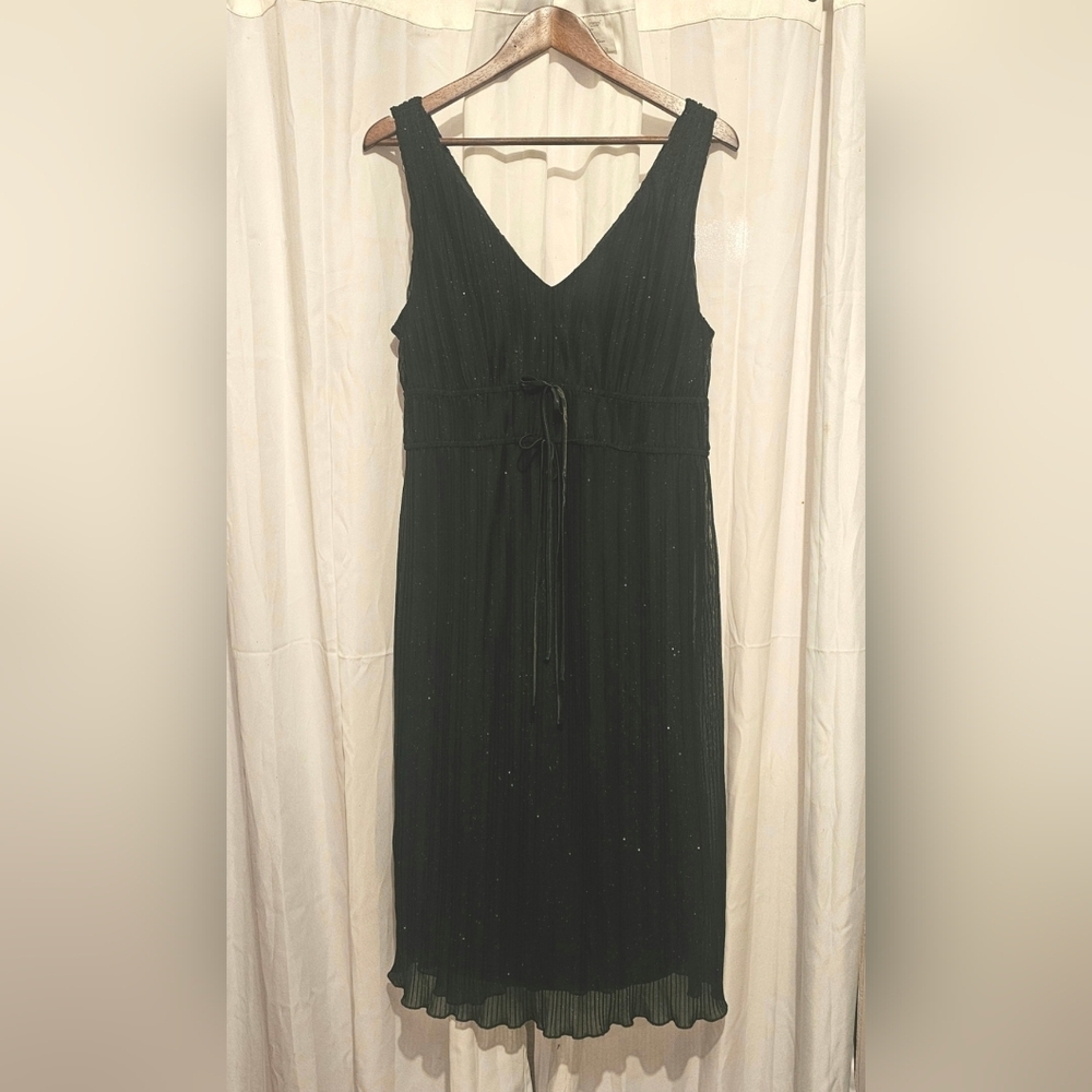LBD V Neck Tie Waist Sparkle Black Pleated Midi Dress Whimsigoth‎ Party Event